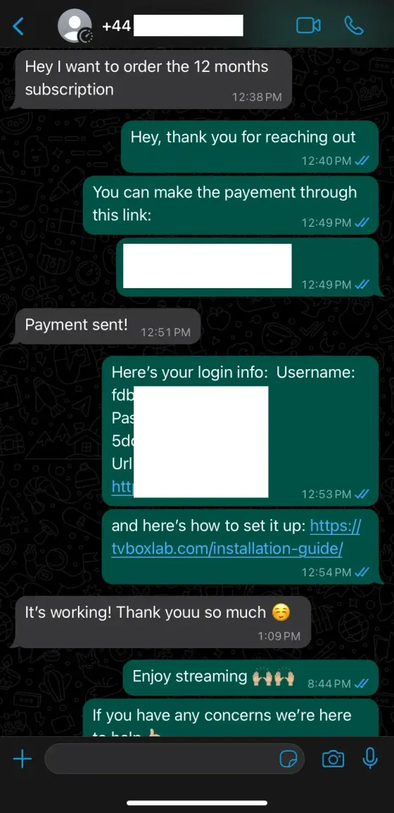 WhatsApp chat screenshot from a UK viewer after activating their GetLiveTV subscription