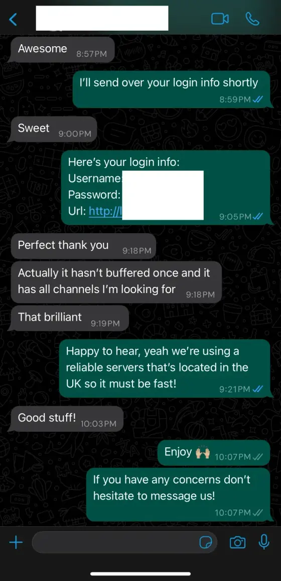 WhatsApp conversation showing GetLiveTV support helping a UK customer get set up