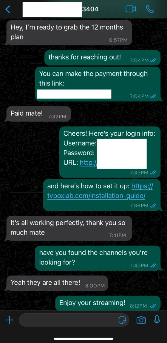 Customer WhatsApp feedback screenshot about their UK IPTV subscription from GetLiveTV