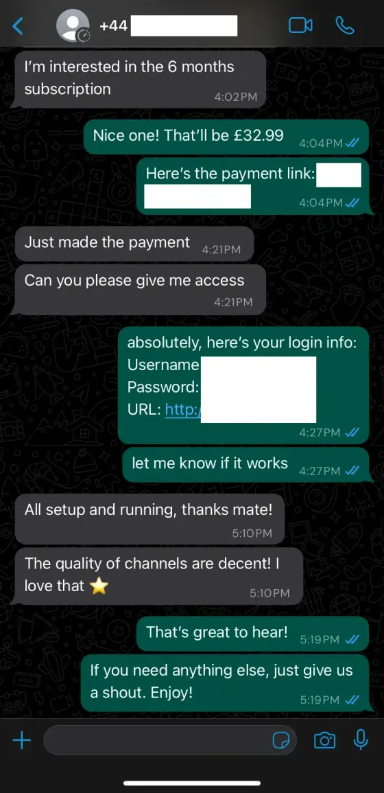 WhatsApp screenshot from a satisfied GetLiveTV subscriber in the UK