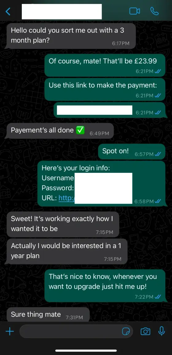 GetLiveTV WhatsApp support chat screenshot from a UK viewer reviewing the service