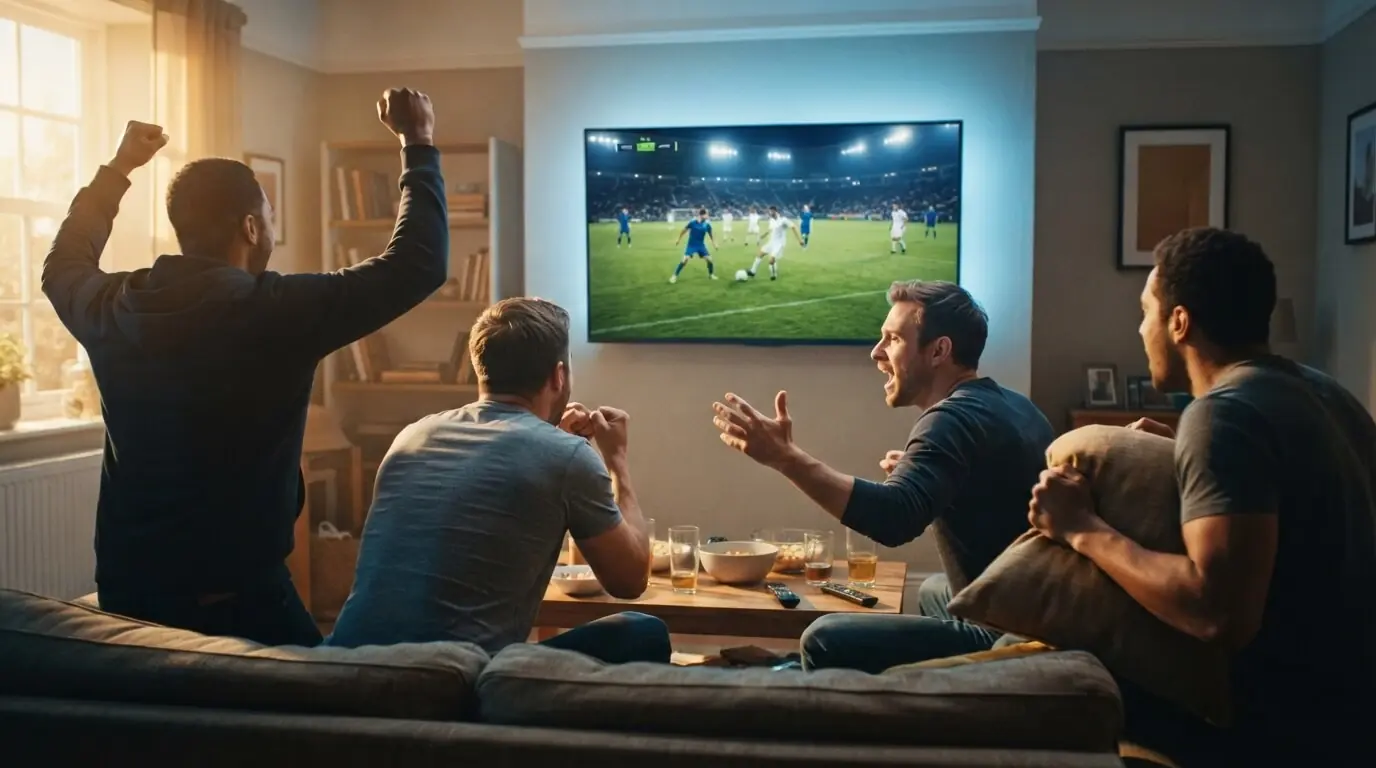 Two men watching a live football match in 4K on a GetLiveTV IPTV UK subscription