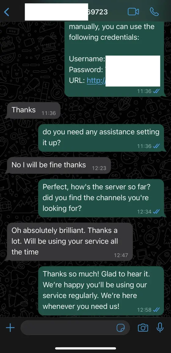 Customer proof screenshot showing a positive UK IPTV subscription experience with GetLiveTV